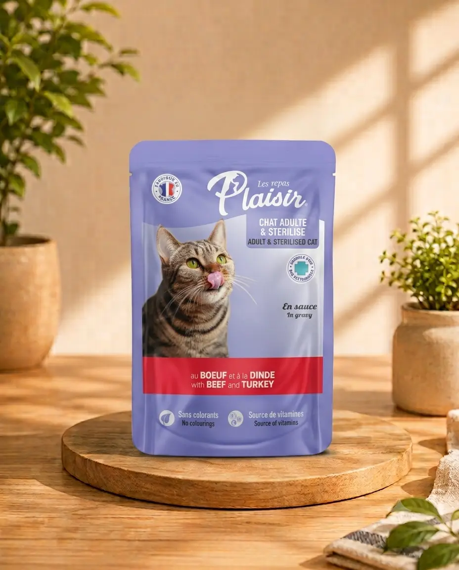 Plaisir cat chunks in gravy with beef & turkey