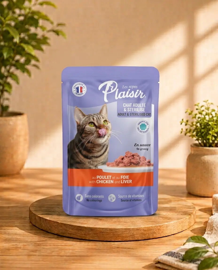 Plaisir cat chunks in gravy with chicken & liver