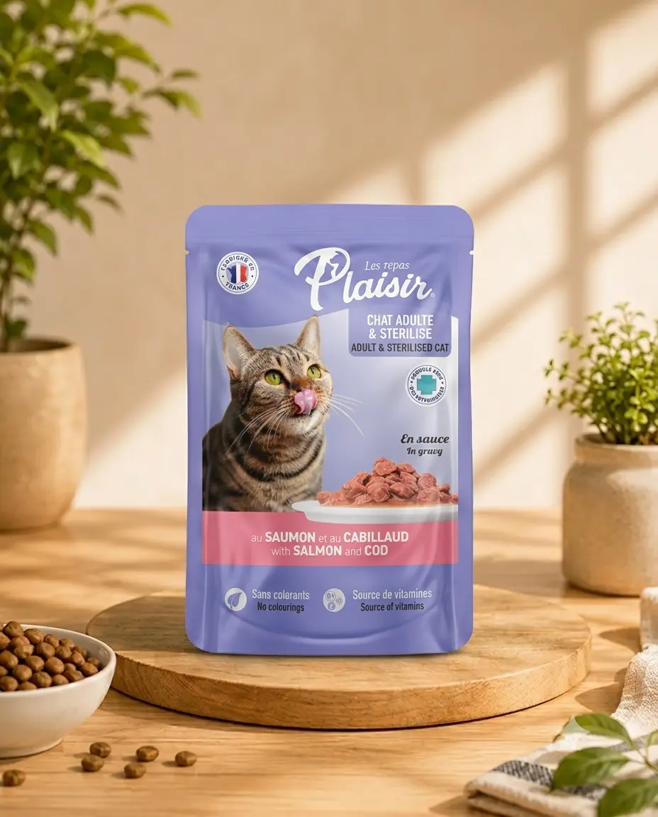 Plaisir cat chunks in gravy with salmon & cod